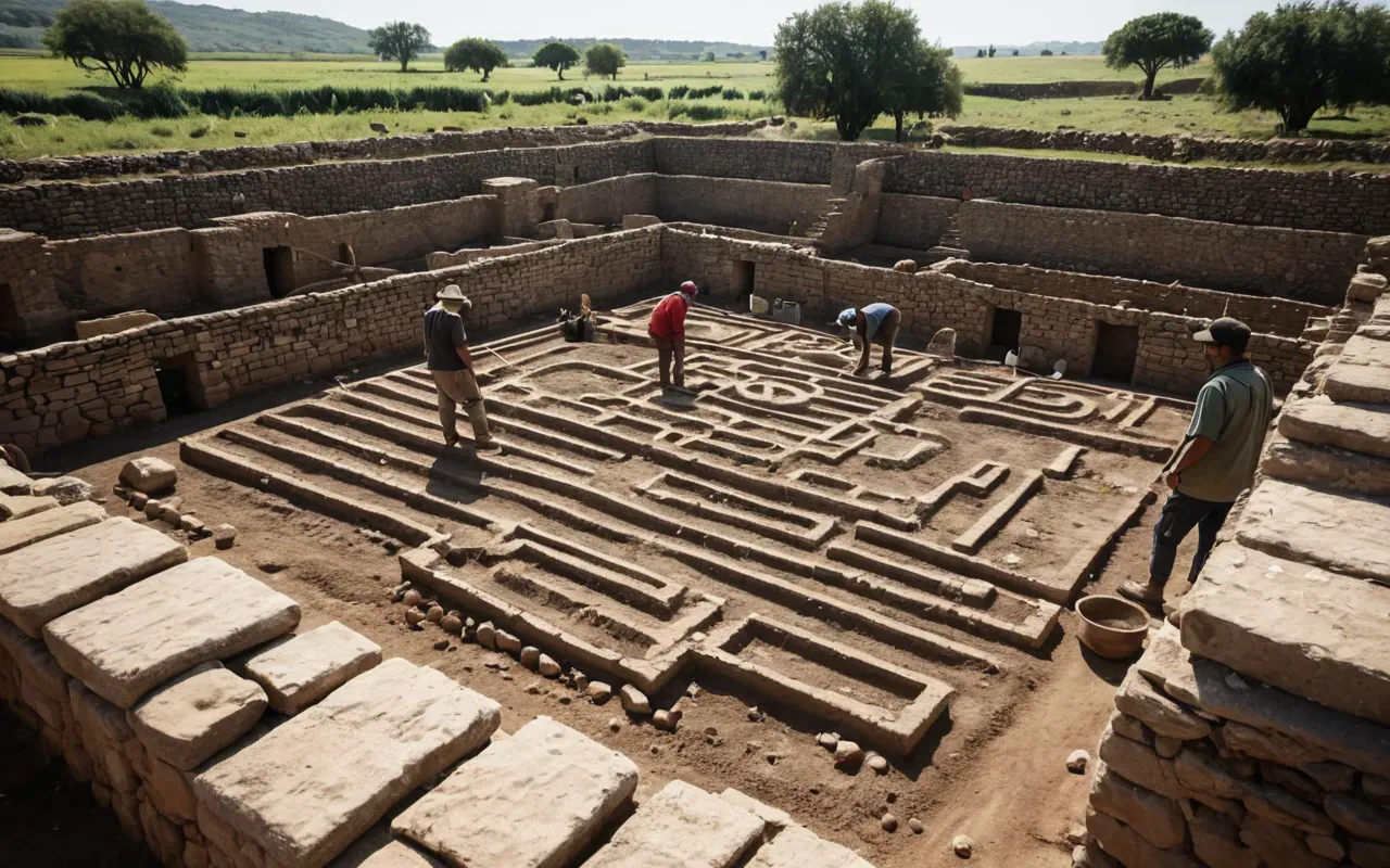 archaeological excavation scene A wide-angle view of an archaeological excavation site with exposed stone foundations and clay structures. Archaeologists in casual field clothing use small brushes to clear dust from the earth under bright daylight.