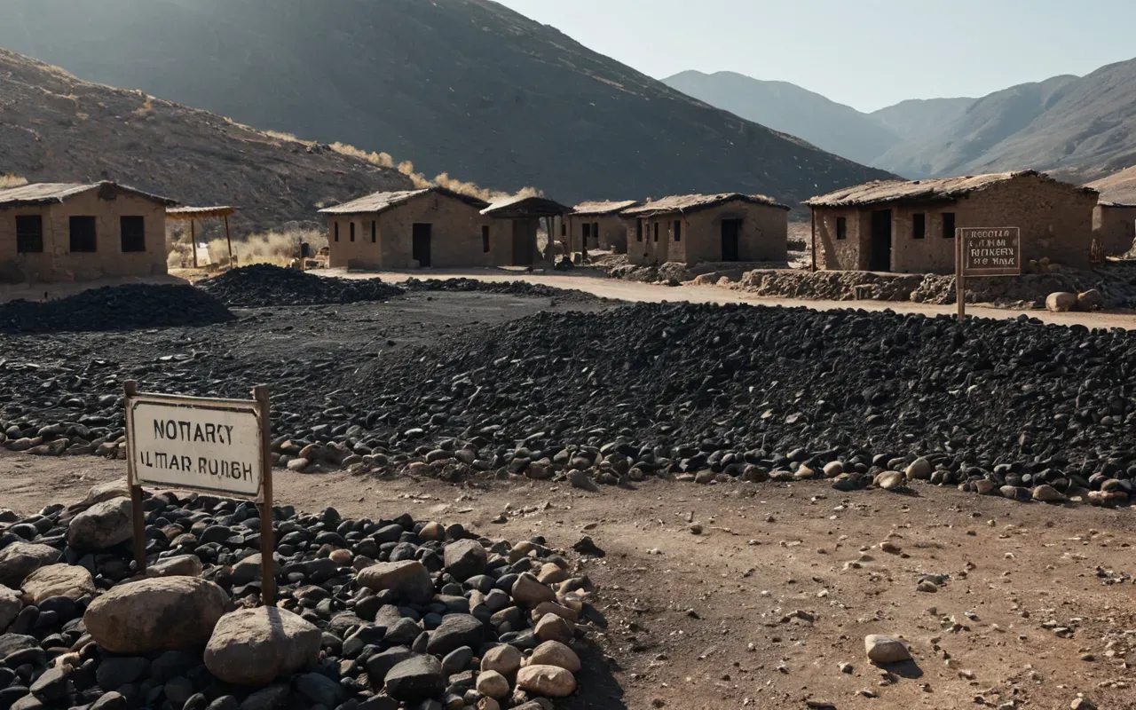 A wide landscape view of a dry valley after a fire with blackened ground and hardened clay rocks scattered near simple stone shelters under bright sunlight.