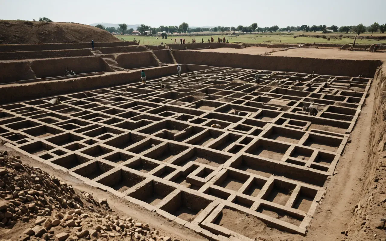 A wide shot of a modern archaeological excavation site with neatly organized trenches and dirt piles under bright daylight showing the scale of human labor without any visible people.