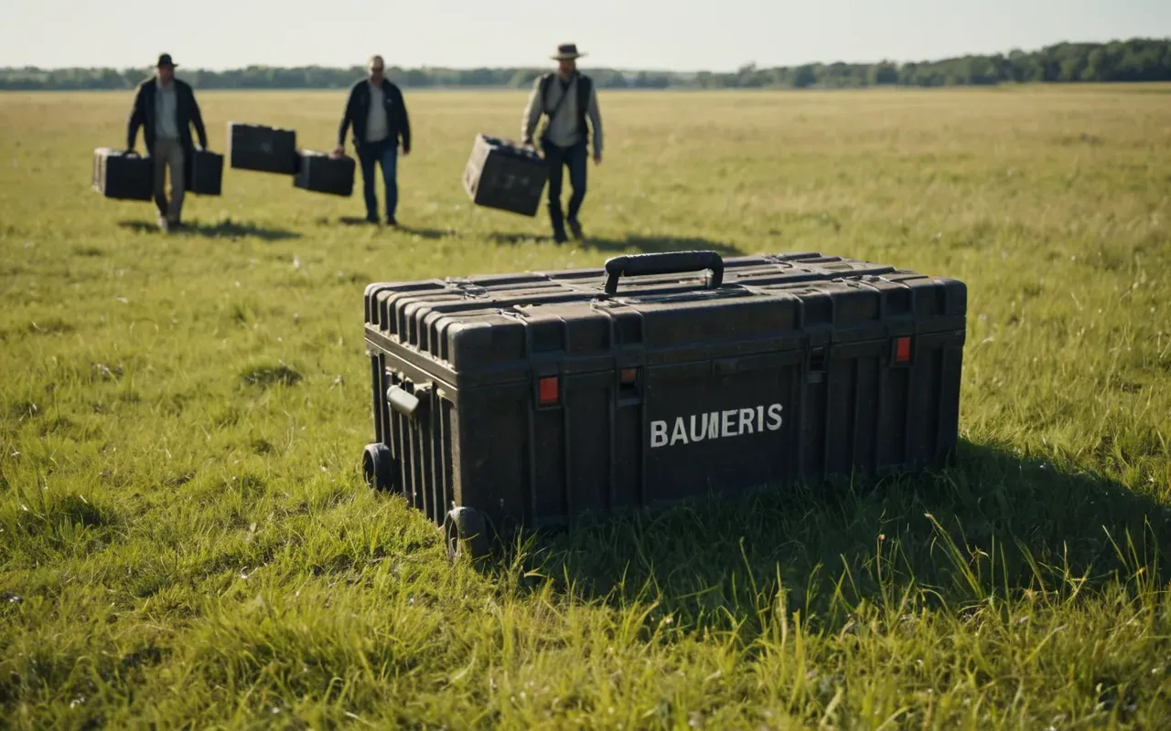A wide shot of a modern archaeological field survey team walking across an open grassy plain holding equipment cases under bright sunlight.