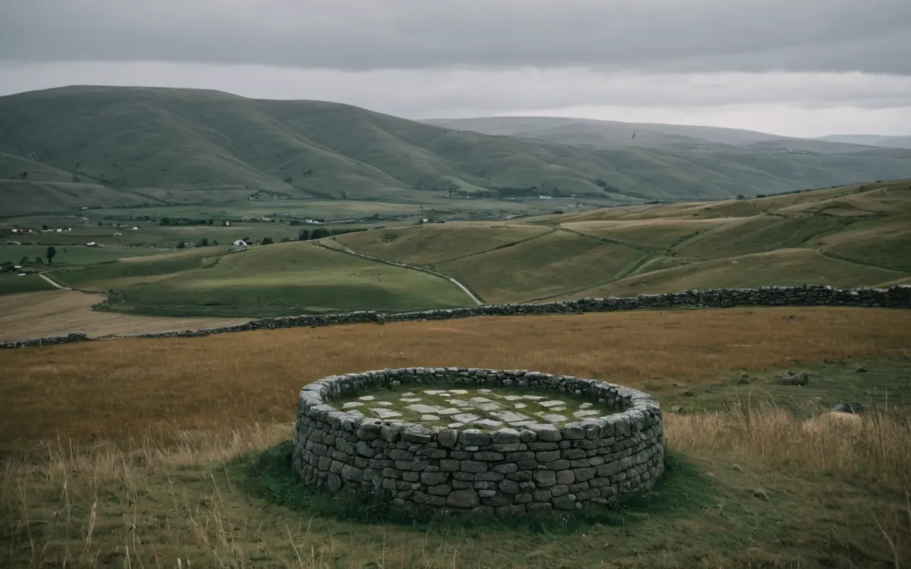 A wide shot of a vast open landscape with rolling hills and scattered ancient stones under an overcast sky creating a somber and quiet atmosphere.