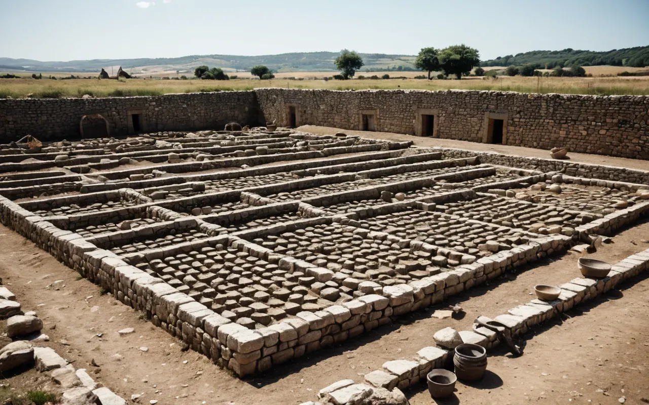 archaeological excavation A wide shot of an archaeological dig site with neat rows of exposed stone foundations and tools laid out on the ground under a bright sky.