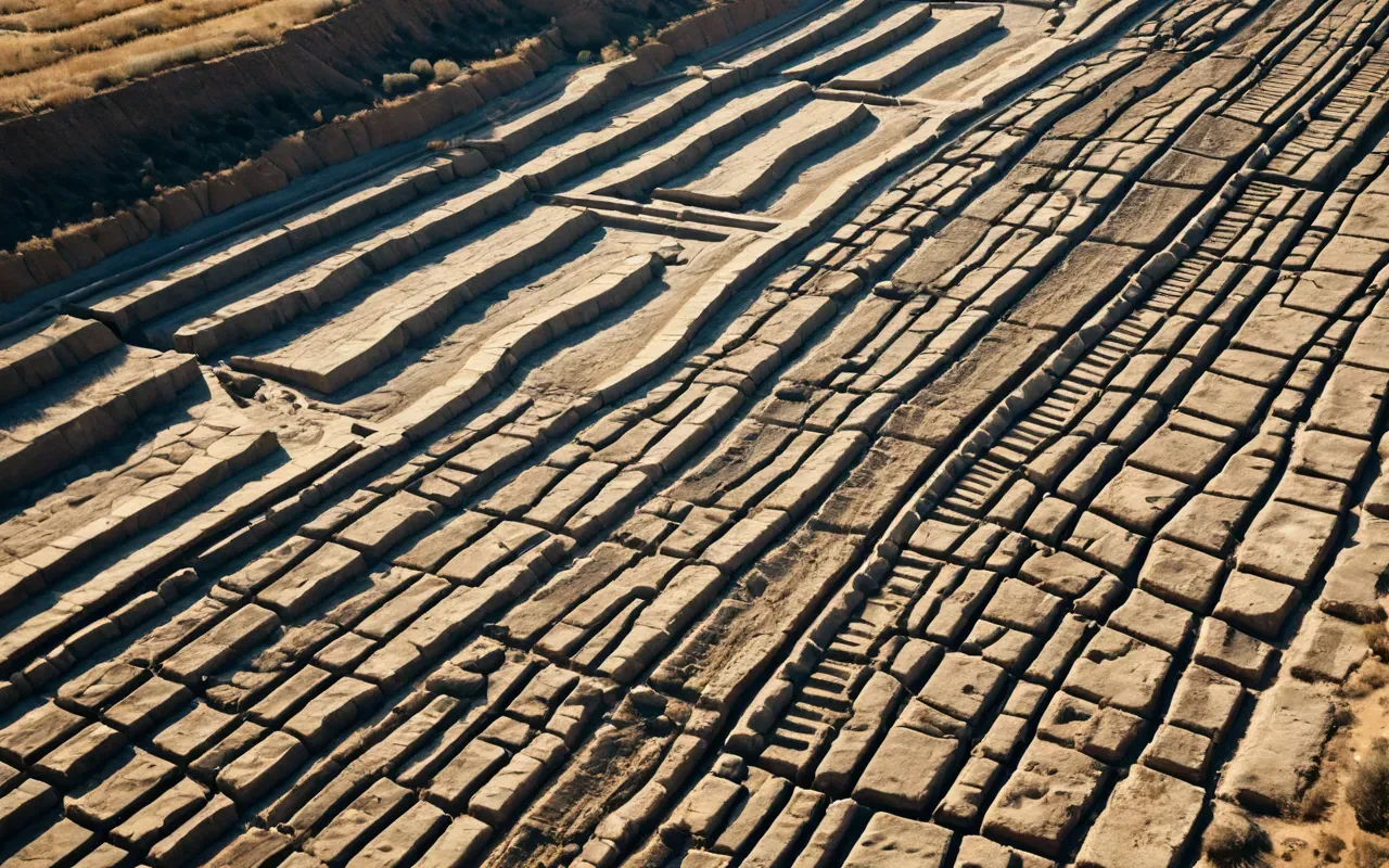 ancient irrigation channel aerial view Aerial view of a dry riverbed with ancient stone channels and irrigation ditches cutting through the landscape under bright midday sun revealing geometric patterns in the earth