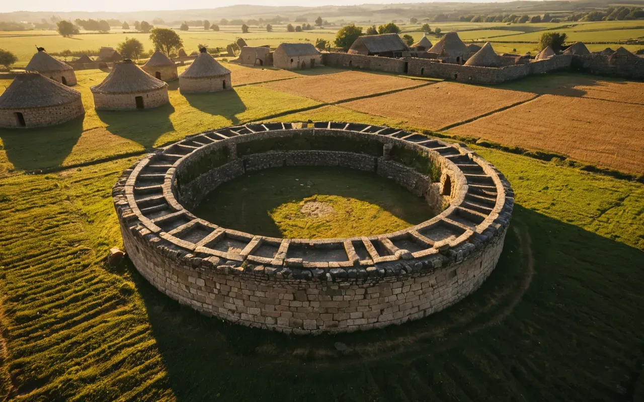 Aerial view of an ancient stone settlement with circular buildings and surrounding fields bathed in warm golden hour sunlight and long shadows