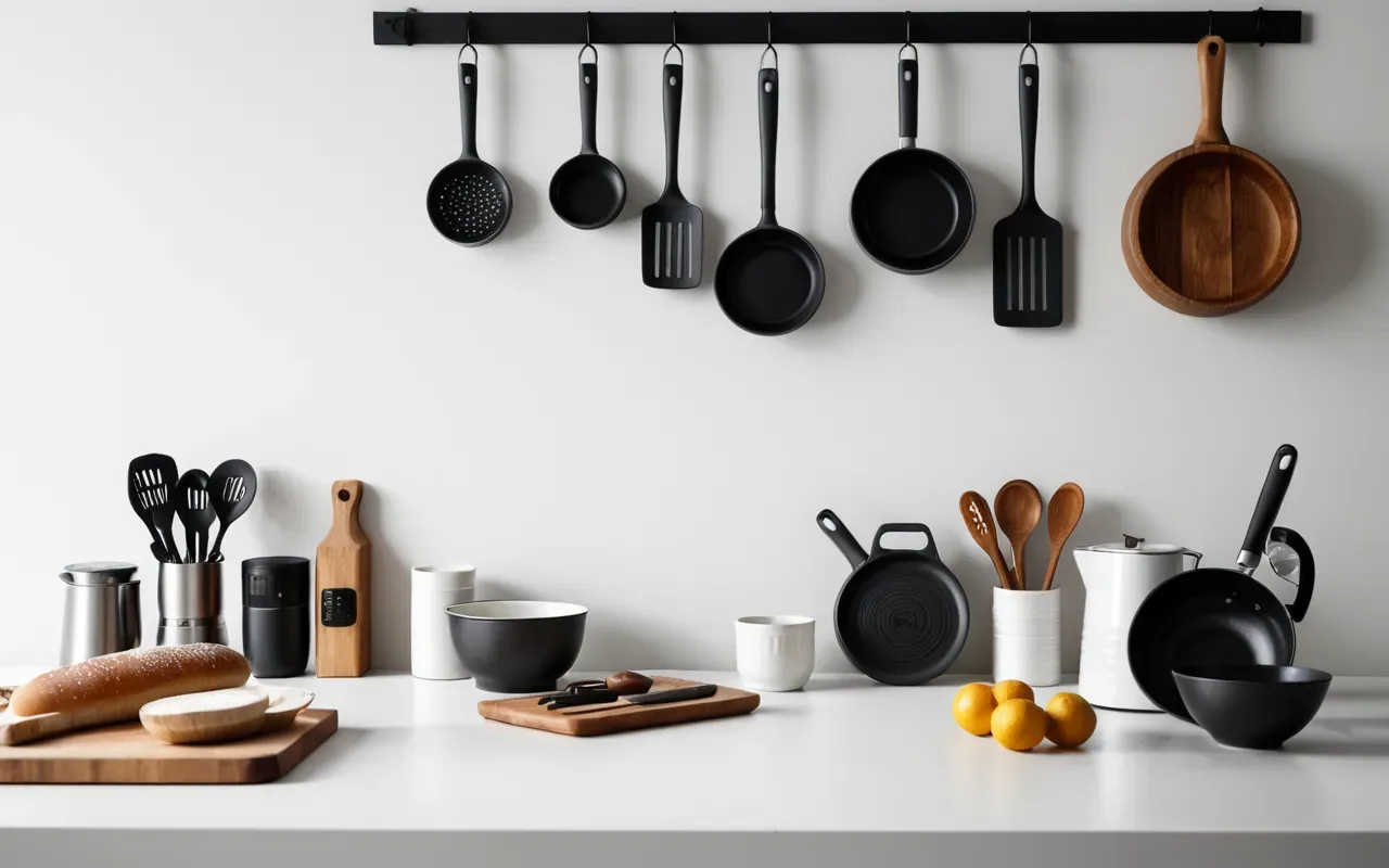 ergonomic tool design Clean editorial still life of modern kitchen utensils arranged neatly on a white table with soft shadows highlighting their ergonomic curves and functional design details