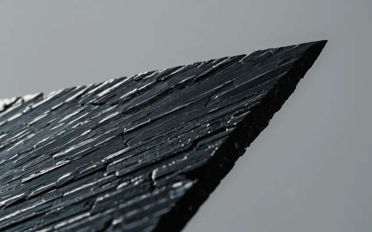 obsidian blade edge Close-up macro shot of a sharp obsidian blade edge against a neutral grey background highlighting the microscopic fracture pattern and reflective surface texture