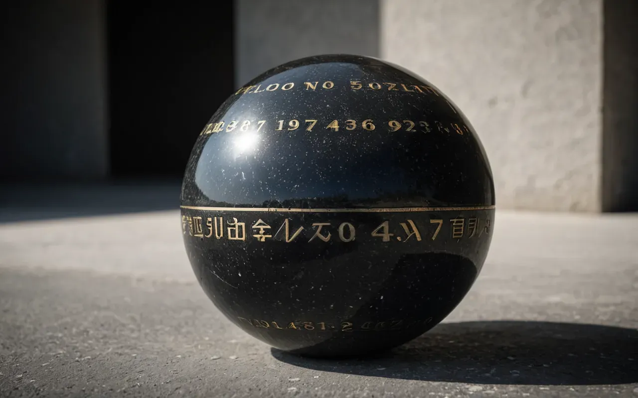 Close up of a polished dark stone sphere resting on a clean concrete surface under bright studio lighting with soft shadows and high contrast details