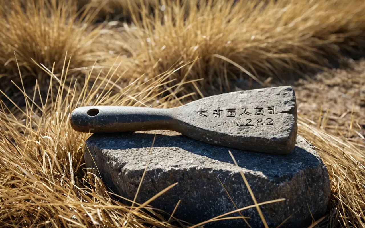 ancient stone tools Close-up of a weathered stone tool resting on dry grass with soft natural light and shallow depth of field showing texture details without any background distractions or text elements.