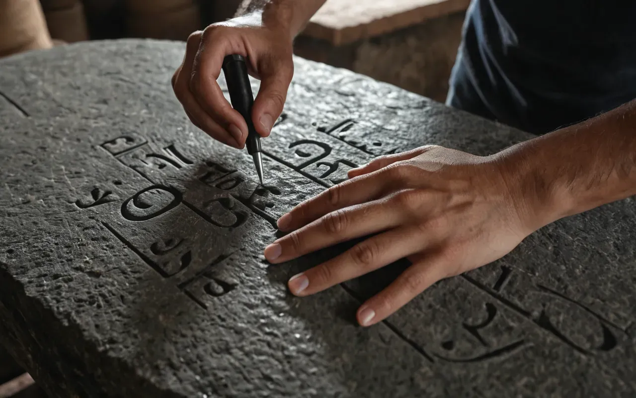 ancient tool analysis Close-up of hands carefully polishing a large grey stone surface with smooth precision under warm workshop lighting showing detailed texture and craftsmanship.