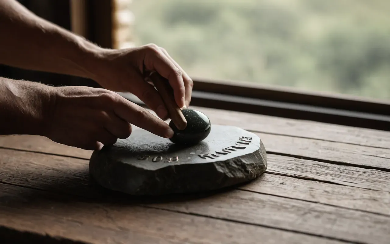 Close-up of hands holding a smooth polished stone tool on a wooden table, natural window light, shallow depth of field, editorial style