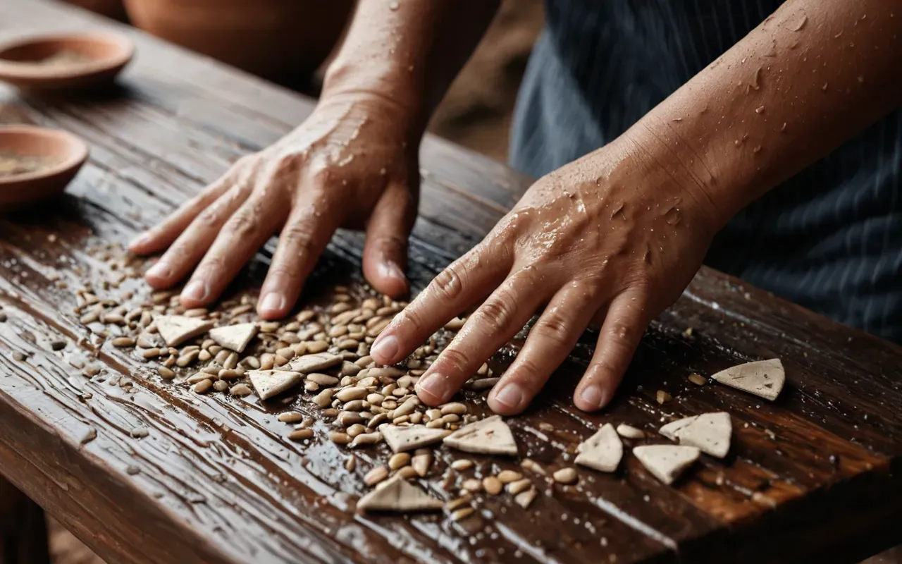 Close-up of hands shaping wet clay on a wooden board with a background showing dried cracked earth and small baked pottery shards scattered nearby.