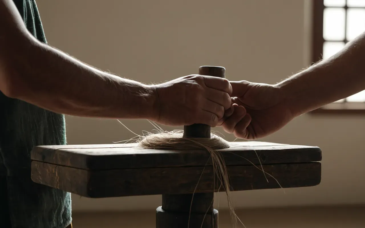 fiber spinning action Close up of hands spinning thin fiber threads on a wooden spindle in a well lit studio with soft shadows emphasizing the tension and movement of the material