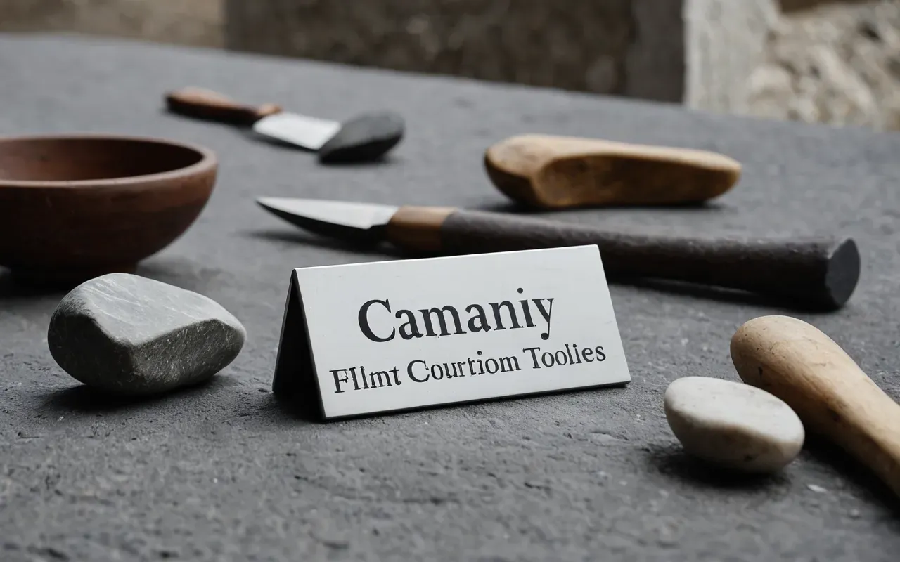 Close up of raw flint stone and polished stone tools on a neutral gray surface with soft lighting