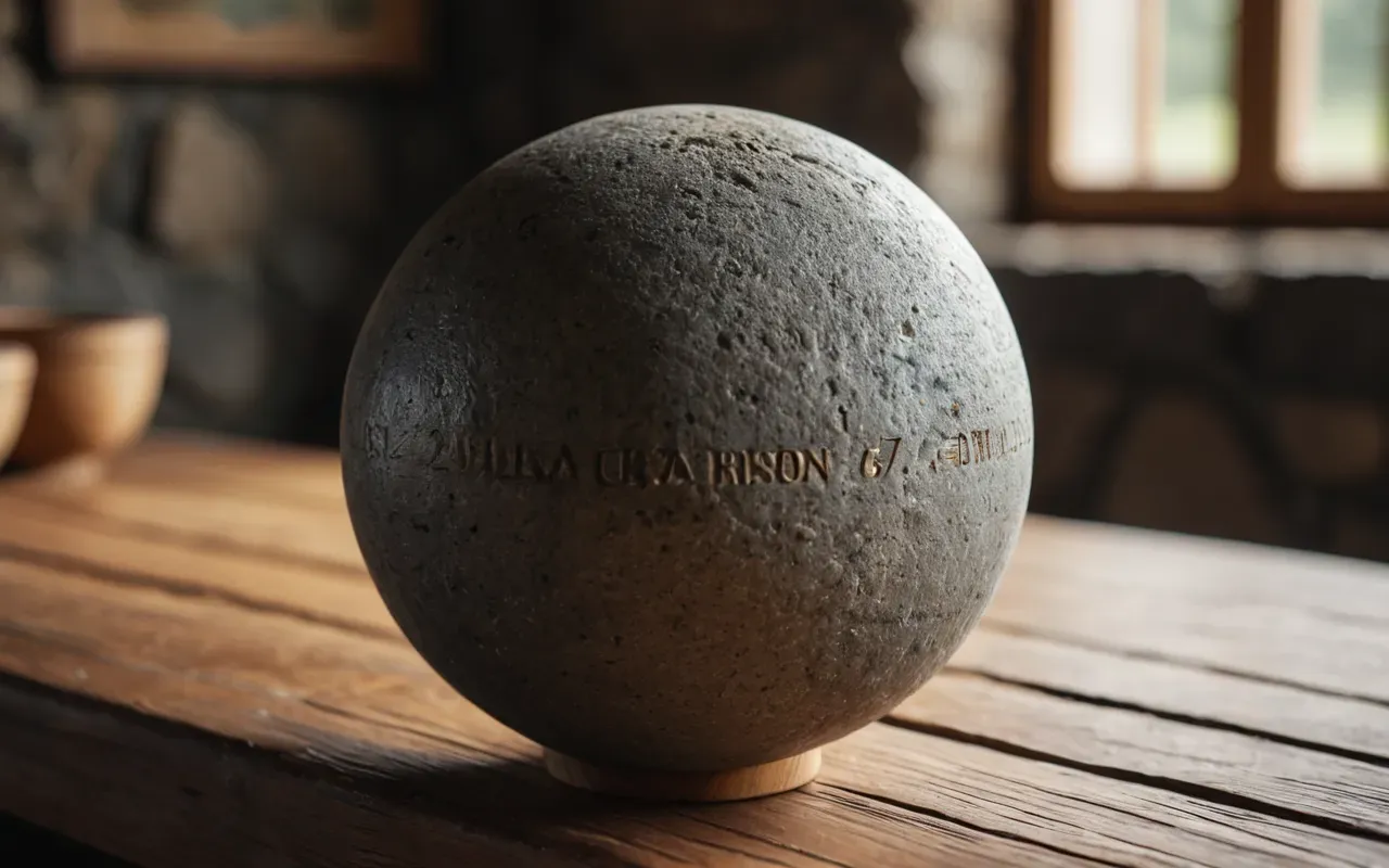 stone spheres Close up shot of a smooth round stone sphere sitting on a wooden table with soft natural light casting gentle shadows highlighting the texture of the rock and wood grain.