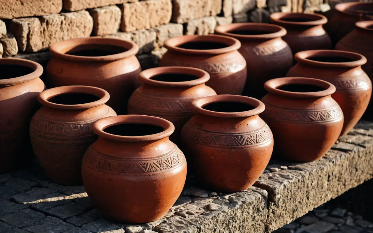 Close-up view of reddish-brown clay pots with rough textures and varying shapes arranged on a flat stone surface. Natural lighting highlights the earthy tones and subtle imperfections in the ceramic material, suggesting handcrafted origins without any visible writing or decorative symbols.