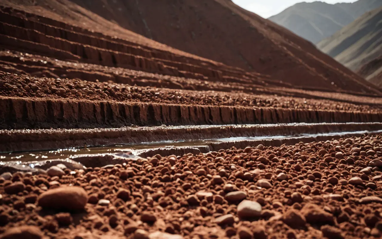 Cross-section diagram showing reddish soil layers accumulating at the base of a slope with water runoff patterns and small stone structures nearby in warm earth tones.
