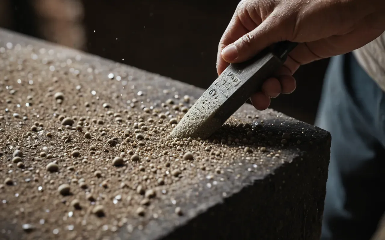 stone polishing process Editorial still life of a hand polishing a stone tool on sandpaper with water droplets visible showing the friction and dust particles in soft light