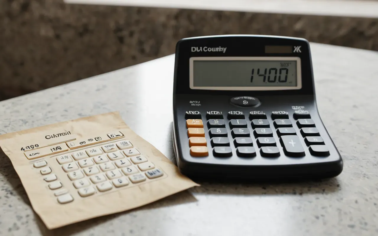 Editorial still life of a modern calculator next to an ancient stone tablet on a clean white desk surface with soft shadows