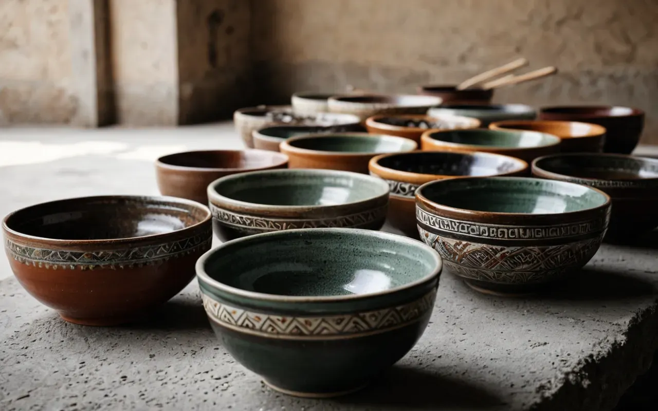 clay processing Editorial still life of handmade clay bowls on a concrete surface with soft diffused light showing the natural texture and earthy tones without any text or logos.