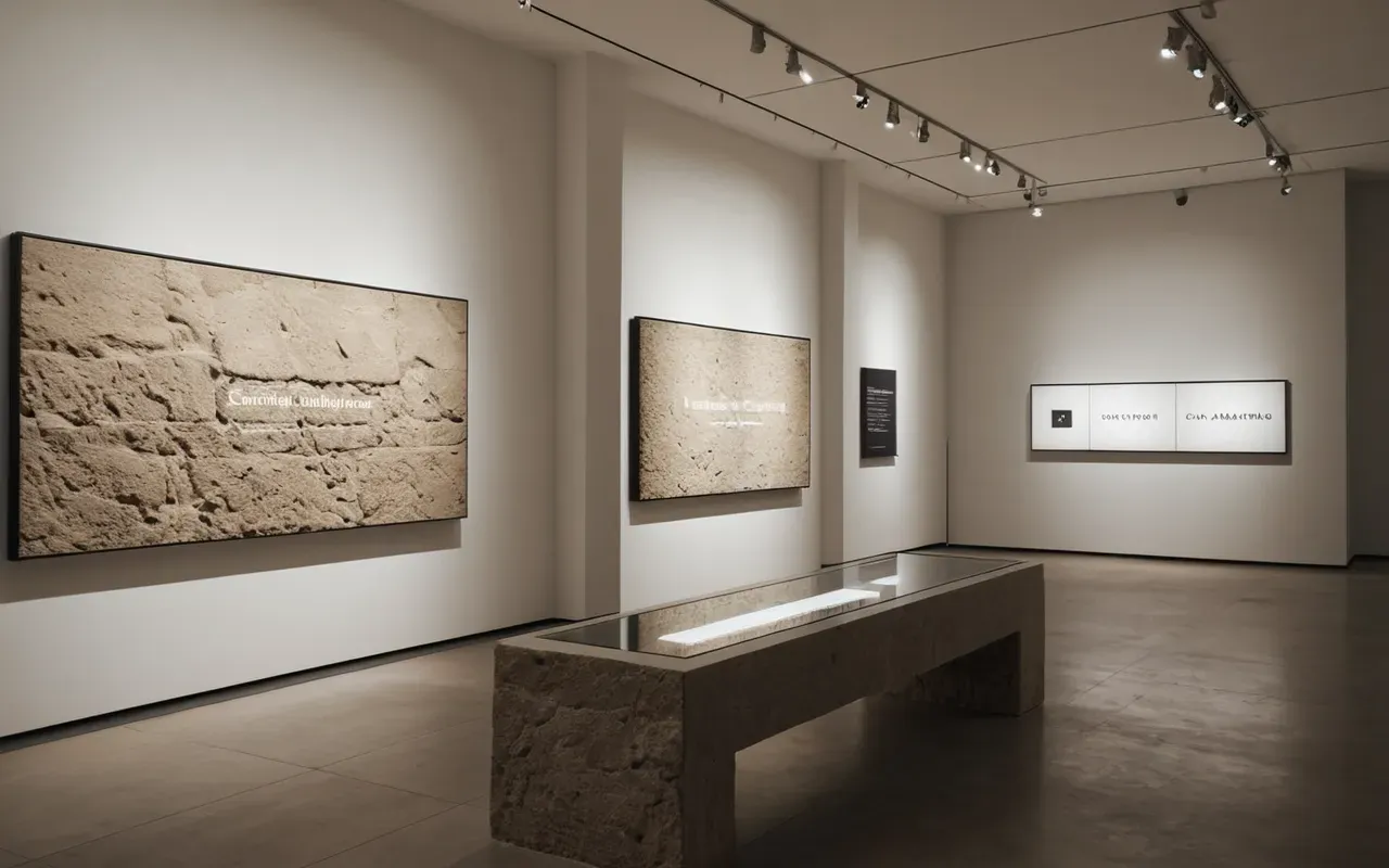 Interior of a modern minimalist museum gallery with neutral walls and spot lighting on stone artifacts, clean lines, soft ambient light