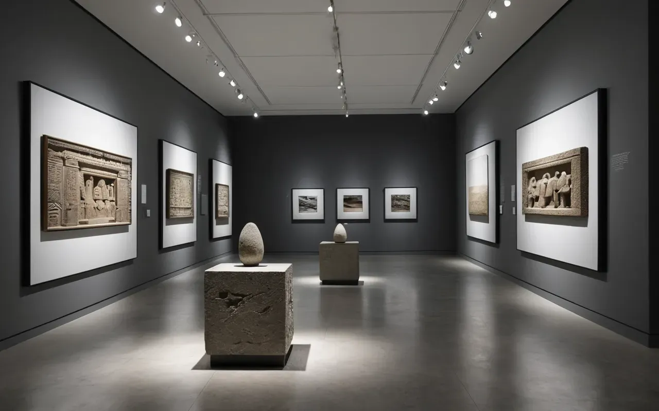 modern museum artifact display Interior shot of a clean modern museum gallery with neutral grey walls and spotlights illuminating ancient stone artifacts on minimalist pedestals creating a quiet contemplative atmosphere