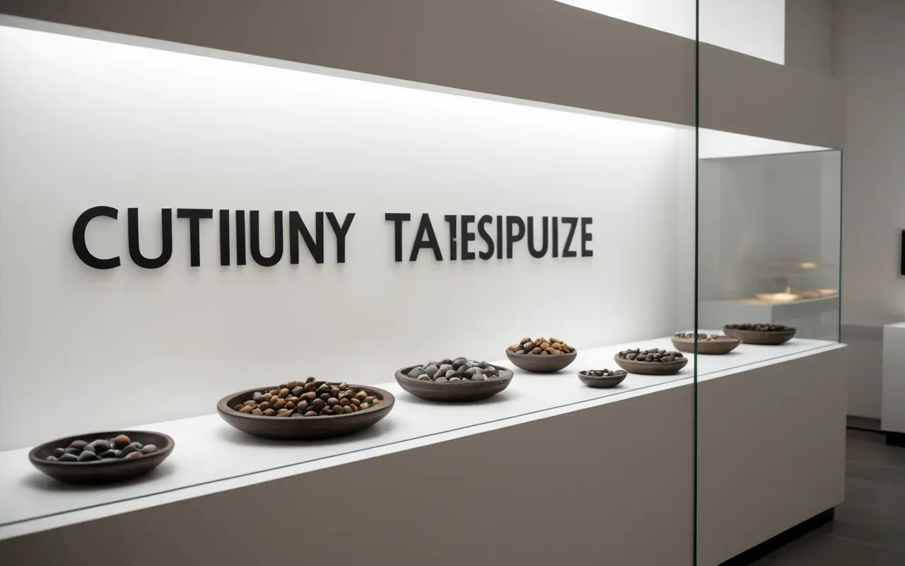 museum cultural heritage exhibit Interior view of a modern minimalist museum display case containing small ceramic artifacts under warm spotlights with clean white walls and reflective glass surfaces creating a serene educational atmosphere.