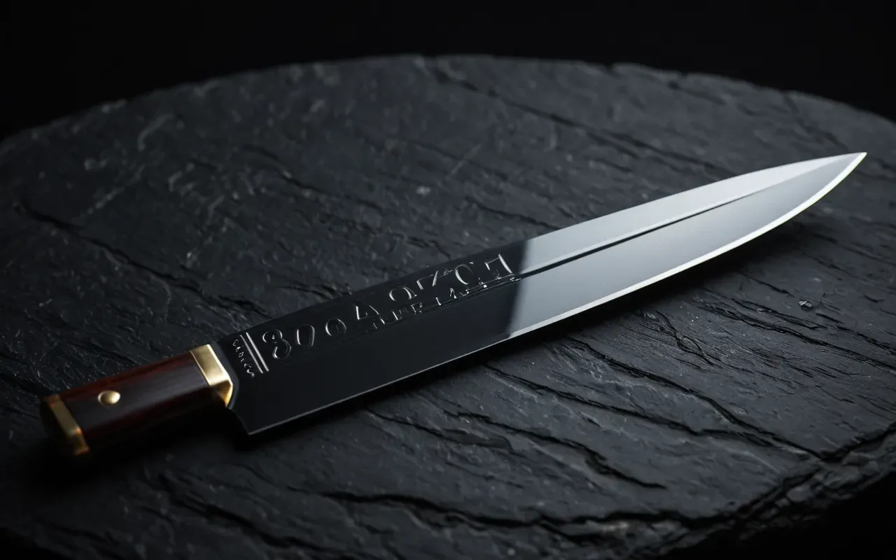 neolithic tools Macro photograph of a polished obsidian blade with sharp edges resting on a dark slate surface under warm studio lighting showing intricate texture details without any text or labels.