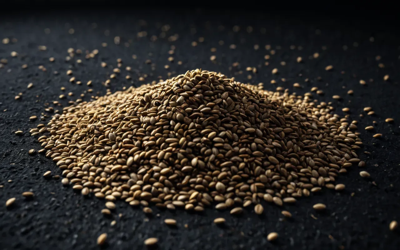 ancient grains agriculture Macro shot of ancient grain seeds mixed with soil particles on a dark surface with dramatic side lighting highlighting individual textures and shapes in high contrast monochrome tones.