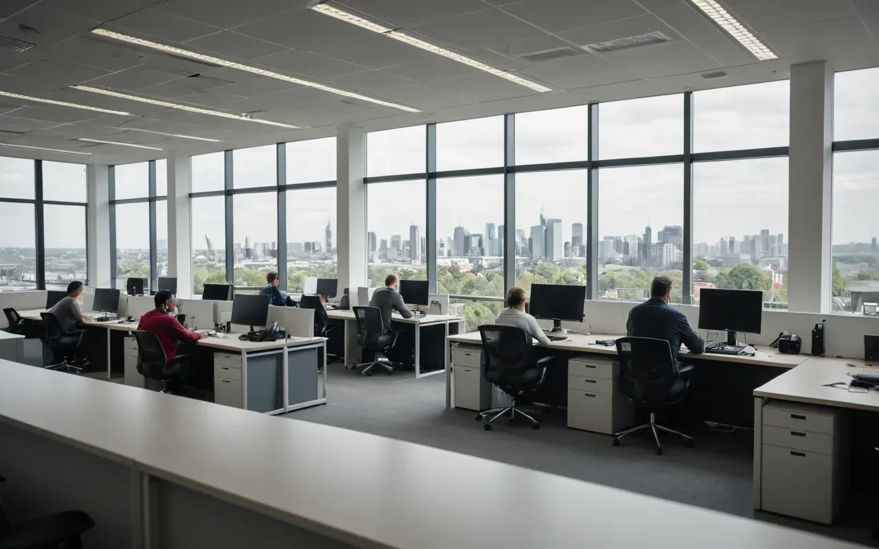 modern work environment comparison Wide angle shot of a contemporary open plan office space with people working at desks near large windows showing blurred city view and natural daylight illuminating modern furniture in neutral tones.
