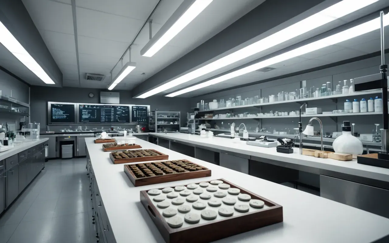 ancient artifact laboratory analysis Wide angle view of a modern laboratory setting with various ancient stone artifacts arranged on white trays under bright clinical lighting showing scientific analysis tools nearby