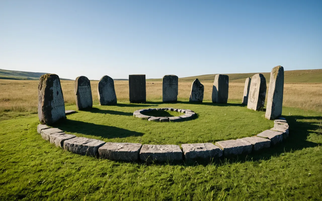 Wide angle view of large standing stones arranged in a circle under a clear blue sky with green grass