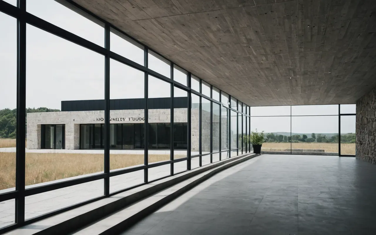 Wide shot of a modern minimalist architecture studio with large glass windows showing a stone structure outside, soft natural daylight, clean editorial photography