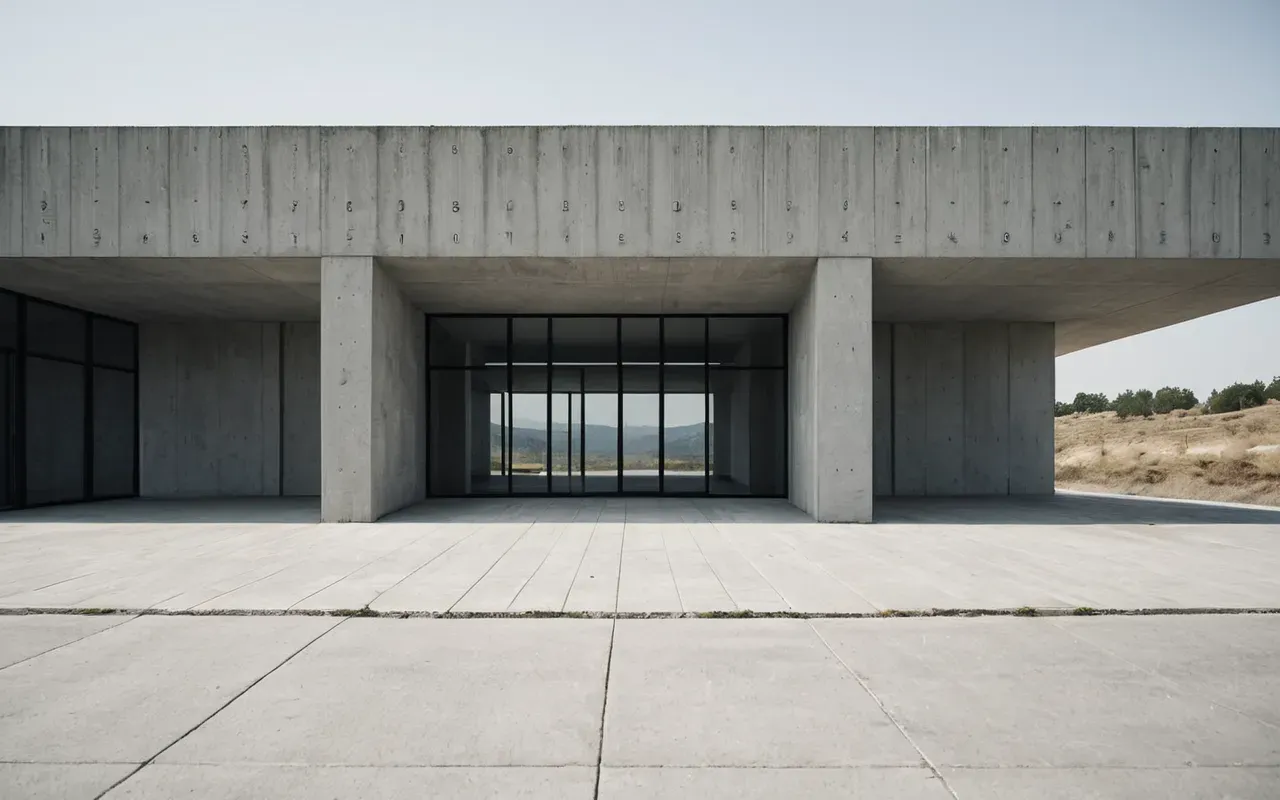 modern structural design Wide shot of a modern minimalist concrete structure with clean lines and large windows showing the interplay of natural light on geometric forms in neutral tones