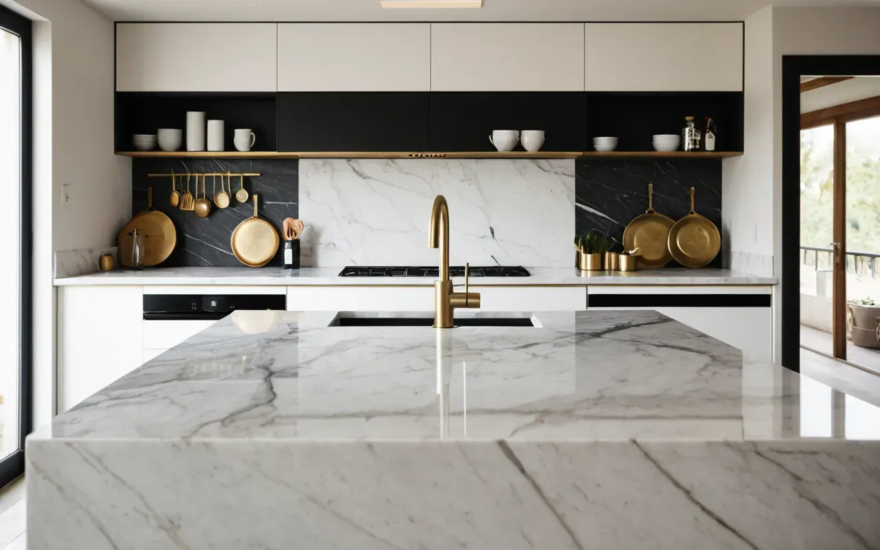 Wide shot of a modern minimalist kitchen interior with marble countertops and brushed brass fixtures bathed in soft natural daylight editorial photography style