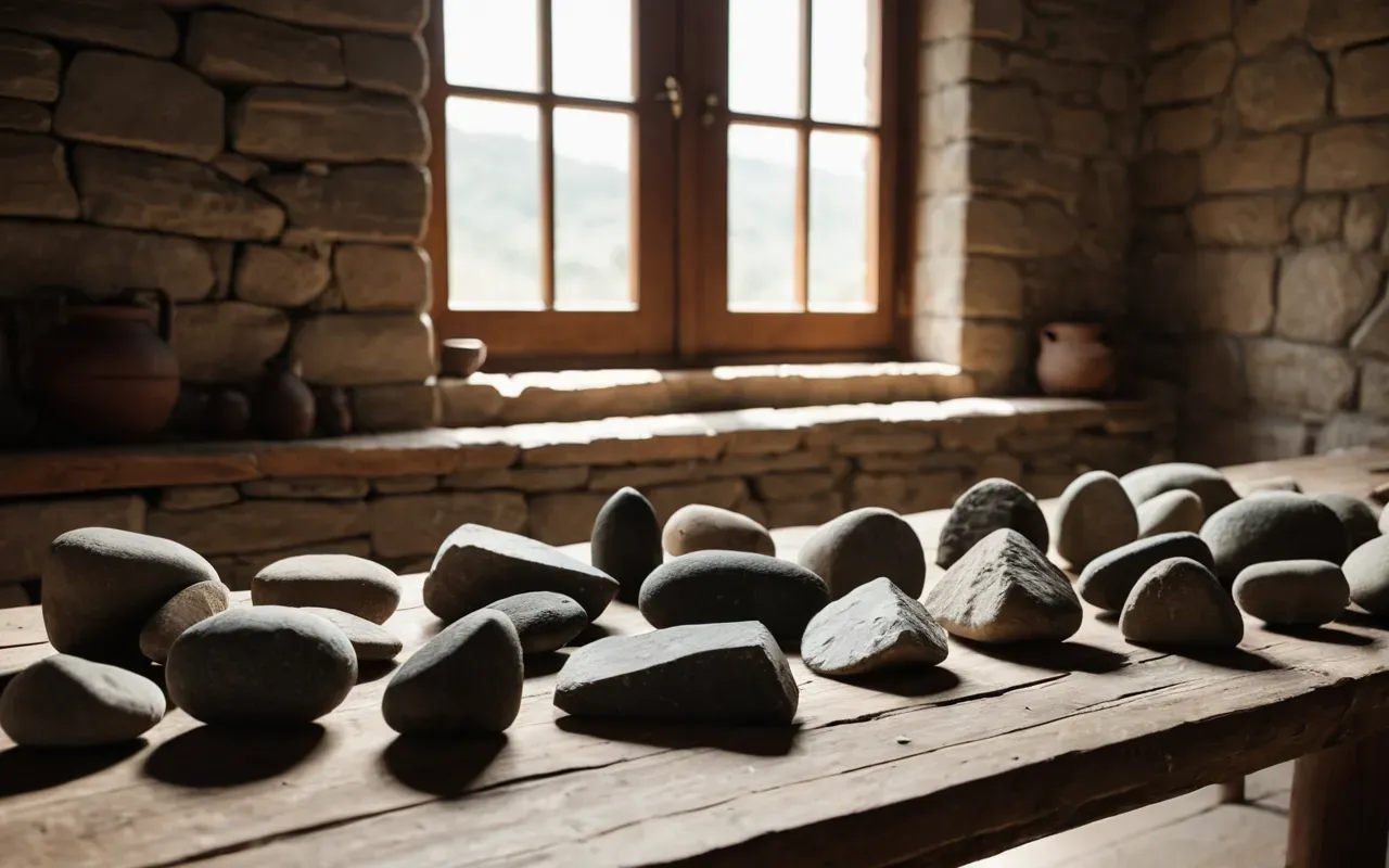 Wide shot of ancient stone tools arranged neatly on a light wooden table with natural daylight streaming through a large window and soft shadows