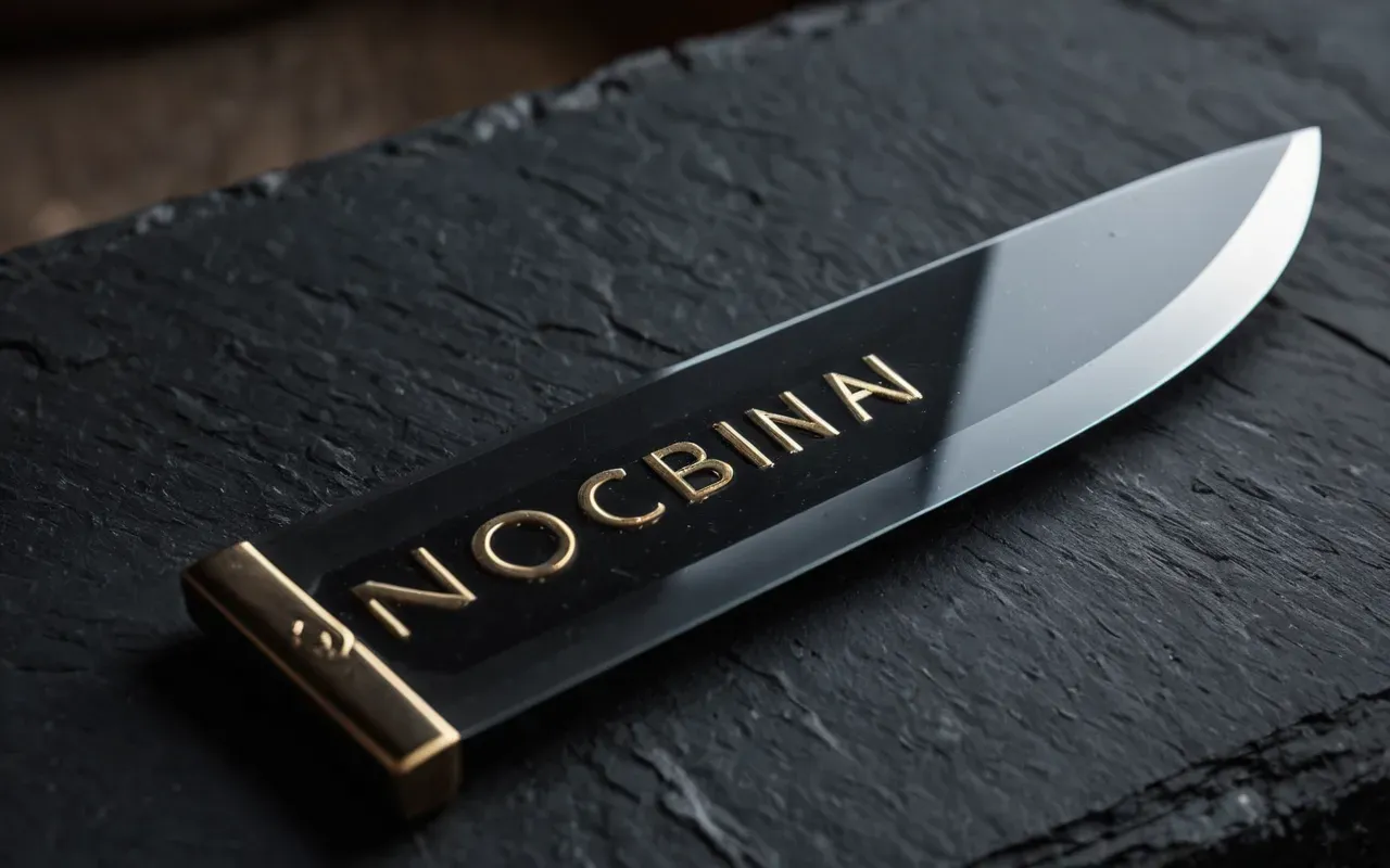 A close up macro photograph of a polished obsidian blade resting on a dark slate surface with soft diffused lighting highlighting the sharp edge and glassy texture