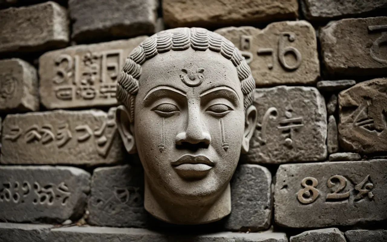 carved human sculpture detail A close-up of a carved human head embedded in a stone wall. The expression is neutral and timeless. Soft shadows accentuate the facial features against the rough stone surface.