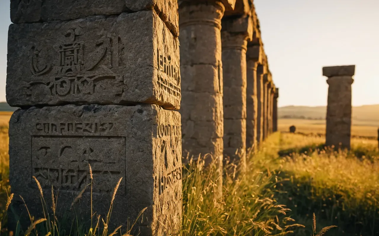 A close up of ancient stone pillars in a field under golden hour light. The texture of the weathered rock is detailed and realistic.