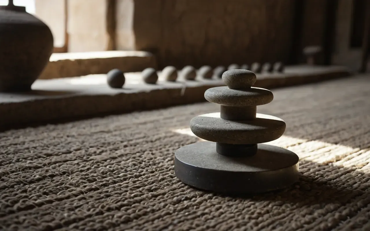 A close up of ancient stone spindle whorls and small loom weights arranged neatly on a flat surface with soft natural light creating gentle shadows