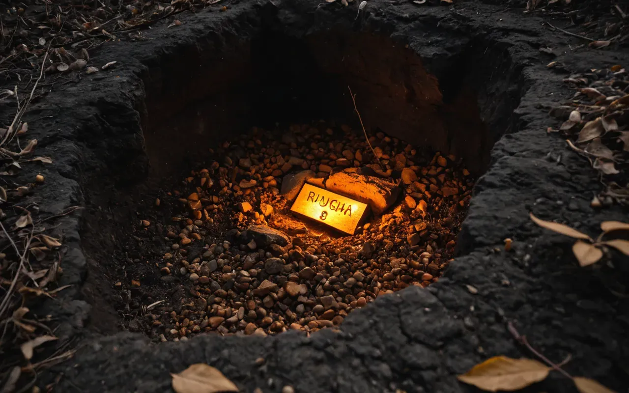 A close up of rough limestone rocks glowing orange inside a dark earthen pit surrounded by dried leaves and soil layers without any visible writing.