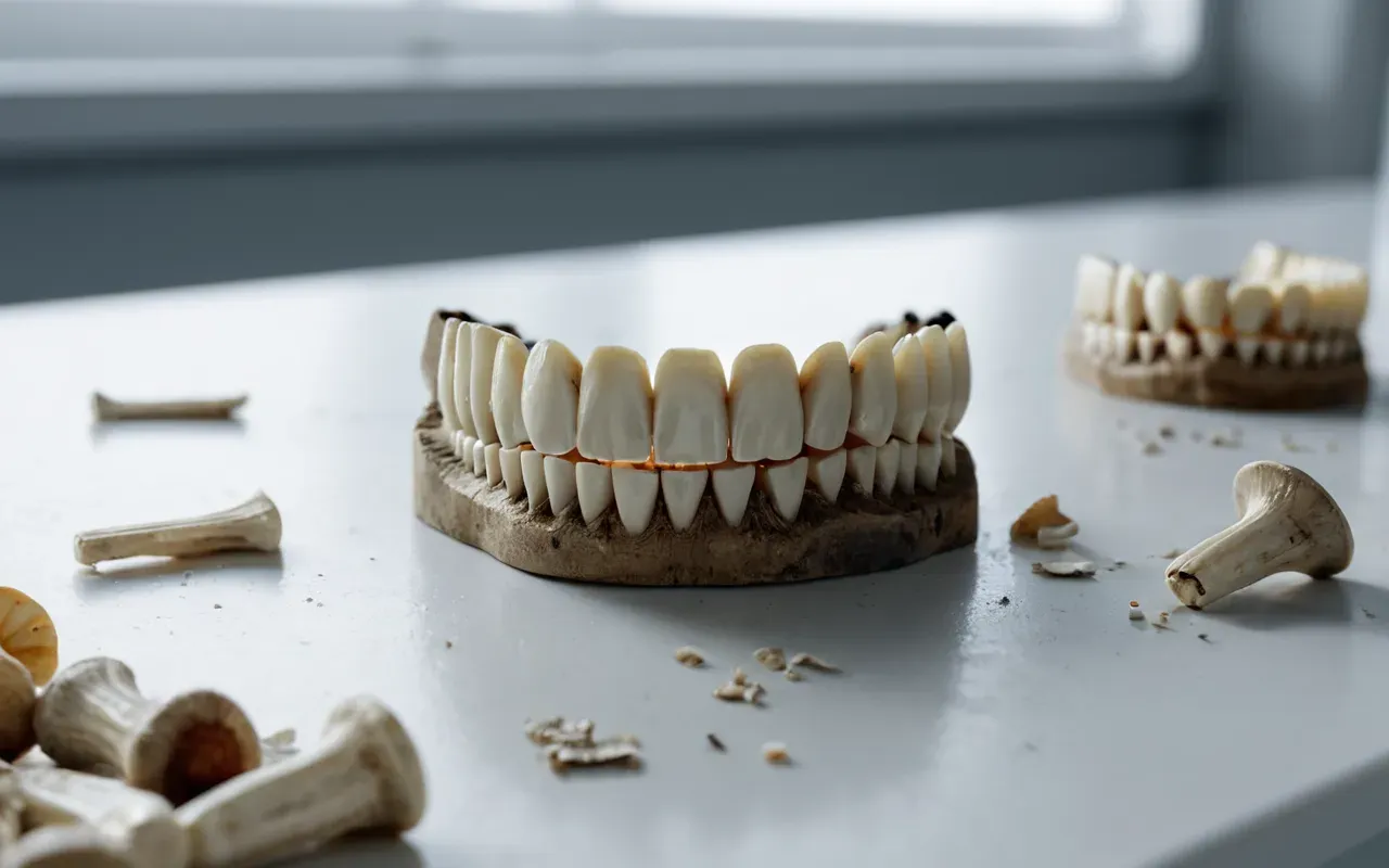 A close-up of weathered human teeth and bone fragments arranged on a clean white laboratory table, illuminated by bright sterile light, highlighting the texture and mineral density of ancient remains.