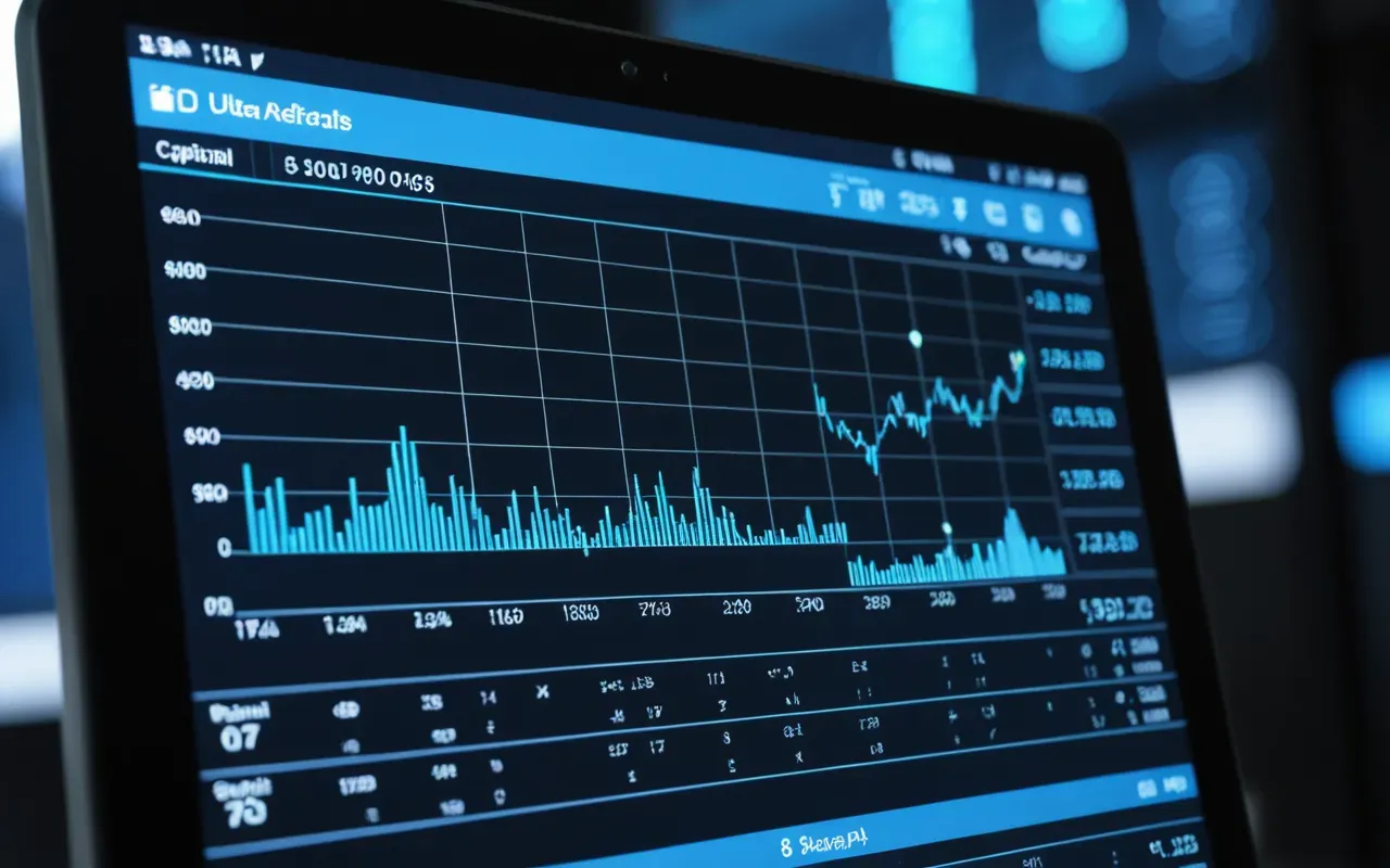 A close up view of a modern tablet screen displaying abstract financial charts and graphs with soft blue lighting reflecting on the glass surface.
