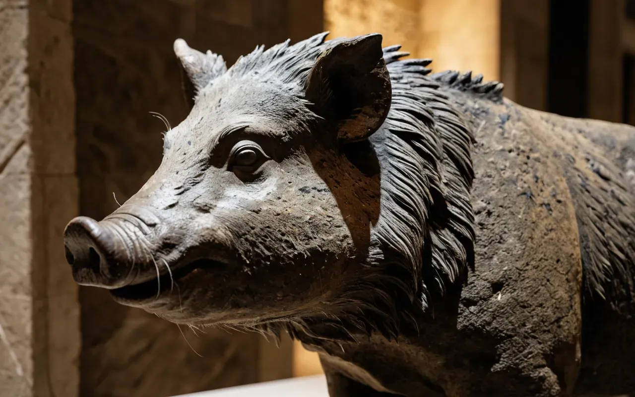 painted boar sculpture A close-up view of a weathered limestone sculpture depicting a wild boar with visible pigment stains on its surface, illuminated by soft museum lighting.