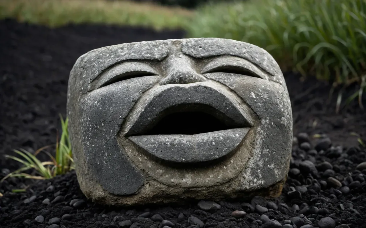A close-up view of a weathered stone sculpture with a mouth depicted as tightly stitched shut. The stone is rough and grey, set against dark soil under soft natural light.