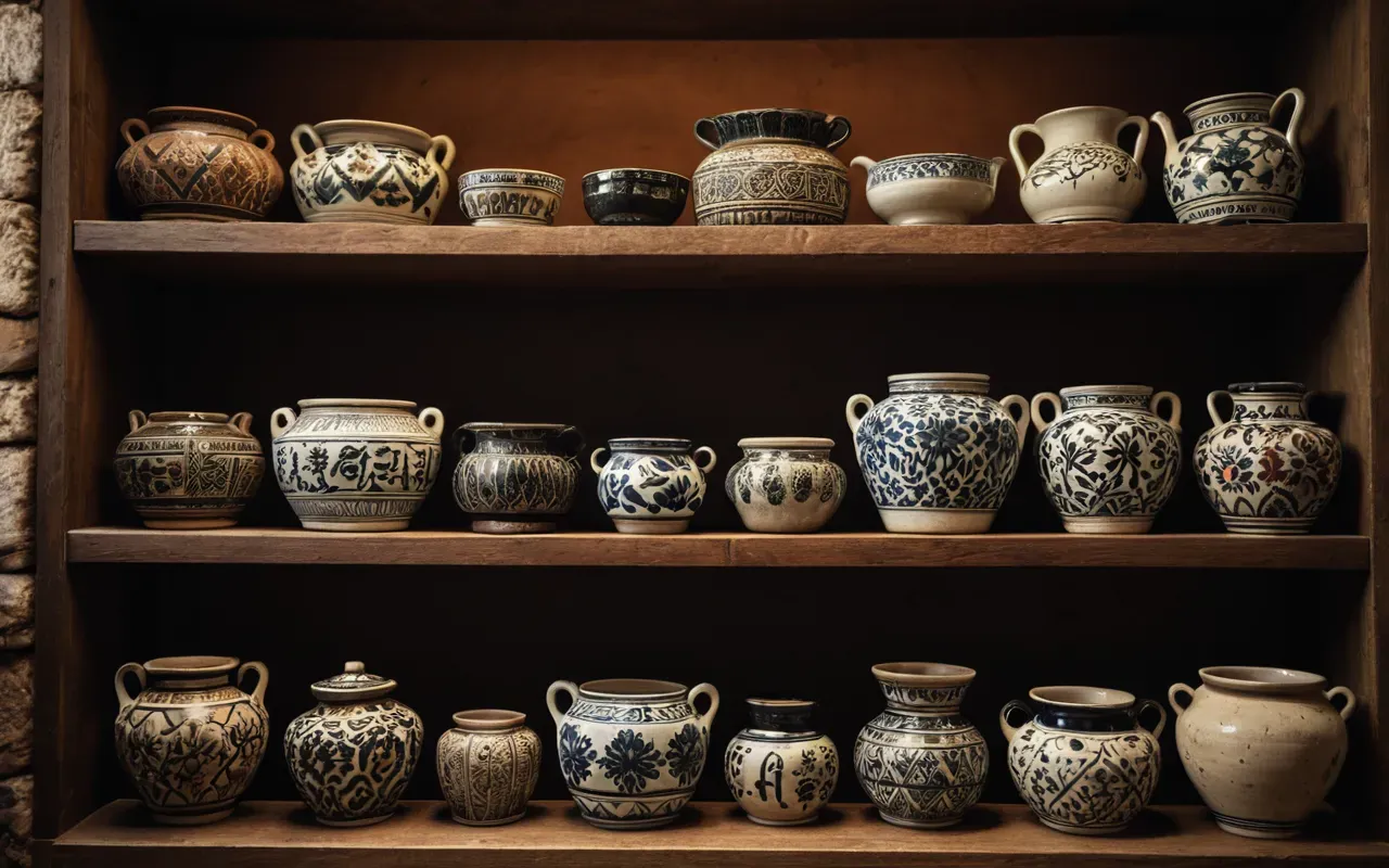 A collection of ancient ceramic pots in various shapes and sizes displayed on a wooden shelf with soft warm lighting highlighting the texture of the clay