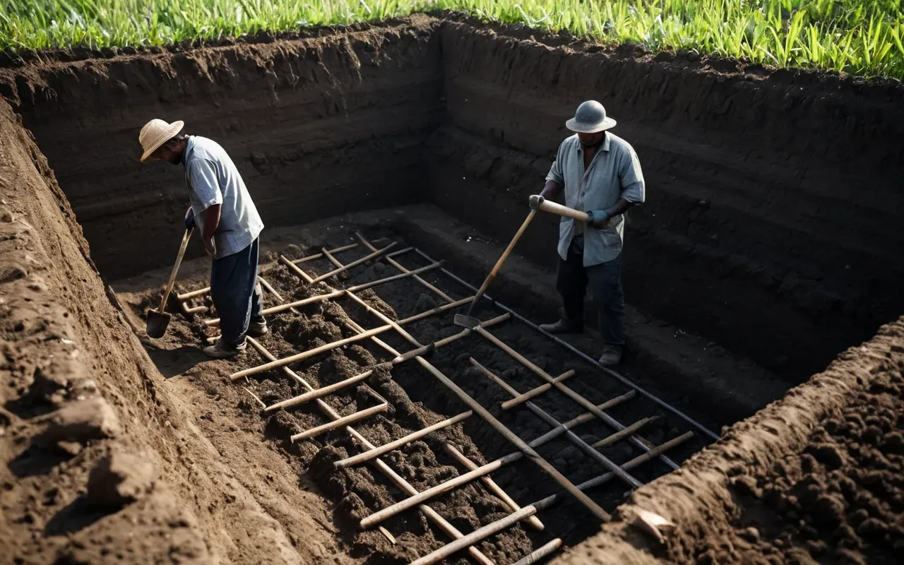 archaeological dig site A deep stepped excavation trench in a field shows layers of dark soil and clay. Several workers stand at the bottom holding tools while looking up towards the light.