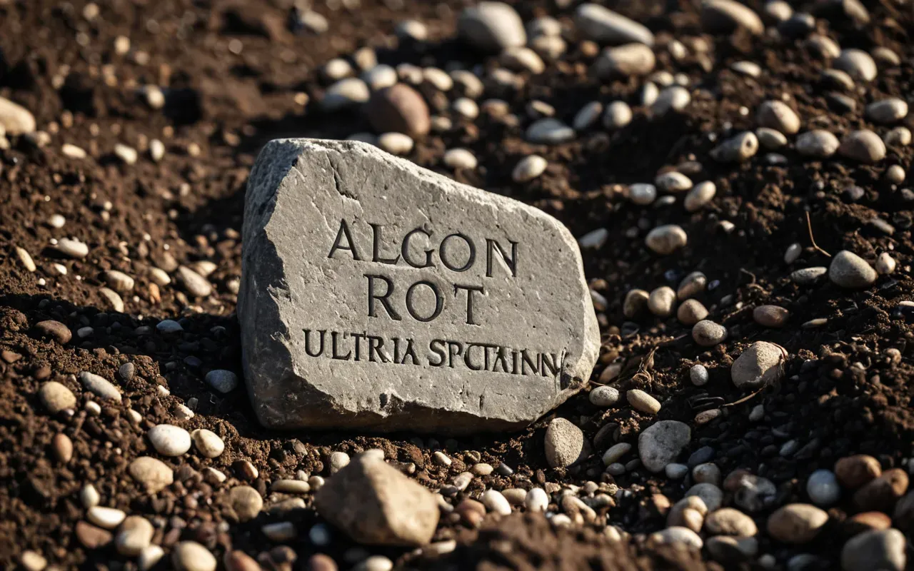 A detailed view of a stone tool resting on a layer of soil with visible root systems and small pebbles in bright natural daylight.