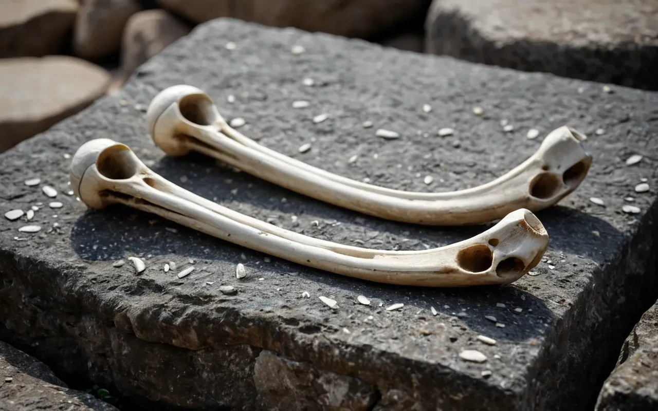 A detailed view of polished human femur bones resting on a rough stone surface with visible cut marks and smooth surfaces indicating ancient modification techniques under bright focused lighting without any background distractions or written labels.