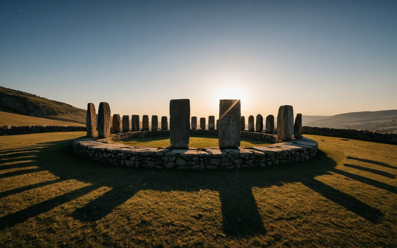 A dramatic wide angle view of a large ancient stone circle at dusk with long shadows cast by the massive upright stones and a clear sky above