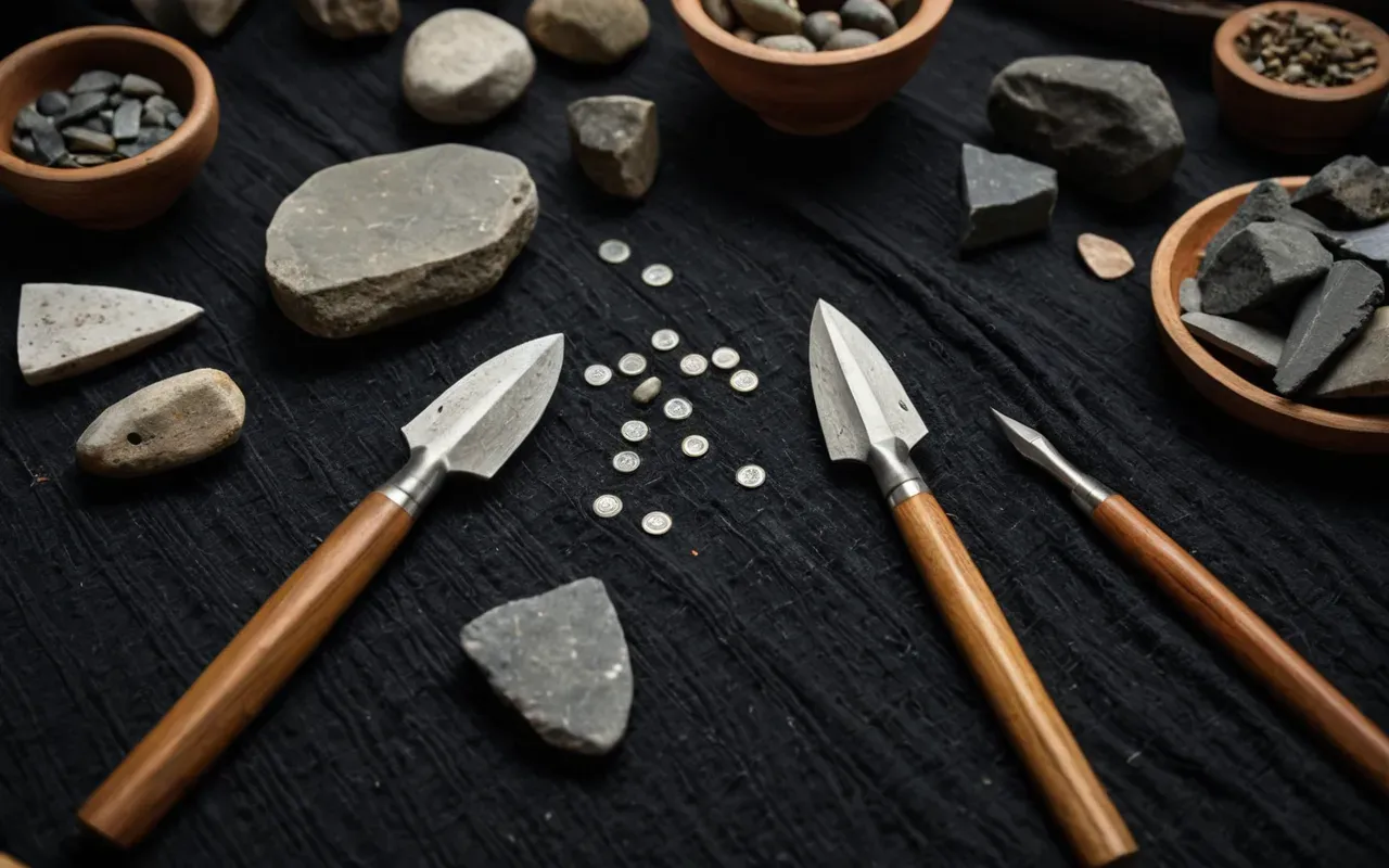 A flat lay of various flint stone tools including points and scrapers arranged neatly on a dark textured cloth under warm studio lighting.